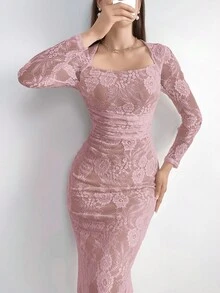 Modelyn 女士纯色优雅蕾丝装饰长袖连衣裙长款晚礼服 - 粉色 - 查看 4
