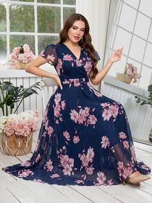 Reflora 大码女士优雅印花连衣裙，夏季婚礼宾客礼服 - 彩色 - 查看 12