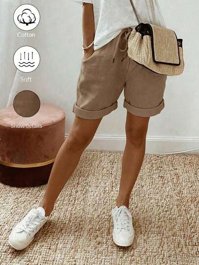 SHEIN Holidaya Women's Summer New Linen Casual Drawstring Rolled Hem Shorts, Featuring A Linen Textured Fabric, Paired With An Elastic Waist Drawstring Design And Rolled Hem Details, Offering A Relaxed Yet Chic Look, Suitable For Daily Outings, Vacations Or Light Casual Occasions, A Versatile Item In The Category Of Casual Drawstring Shorts, Khaki Color Elegant Pants, And Loose Slimming Trousers.