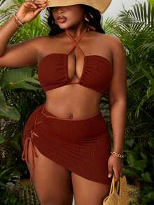 Slaydiva Bộ đồ bơi 3 mảnh dành cho nữ cỡ lớn, chất liệu jacquard, màu trơn, không dây đeo vai, kết hợp với chân váy buộc dây bên hông khoét rỗng, thích hợp cho kỳ nghỉ biển. - Màu Đỏ Sâu - Xem 1