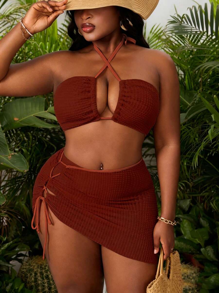 Slaydiva Bộ đồ bơi 3 mảnh dành cho nữ cỡ lớn, chất liệu jacquard, màu trơn, không dây đeo vai, kết hợp với chân váy buộc dây bên hông khoét rỗng, thích hợp cho kỳ nghỉ biển. - Màu Đỏ Sâu - Xem 1