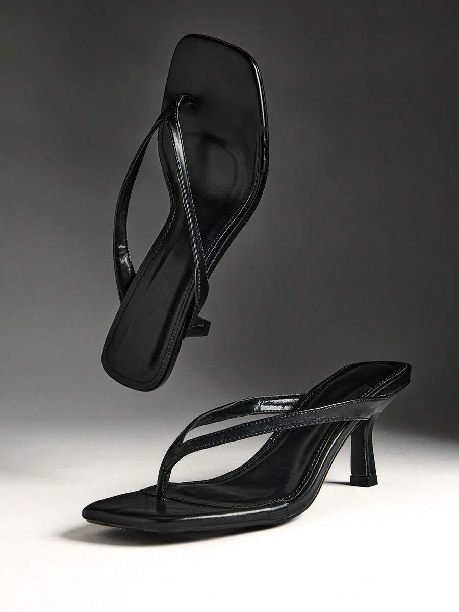 Women's Fashion Daily Versatile Thong Slip-On Heeled Sandals For Christmas Valentine's Day - Black - View 1