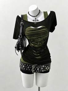 Plus Size Oblique Shoulder 2 In 1 Skull Print Contrast Color Long Sleeve T-Shirt - Multicolor - View 6