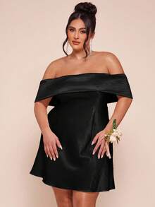 SHEIN BAE Plus Size Women's Off-Shoulder Backless Bow Satin Slim Fit Mini Dress - Black - View 2