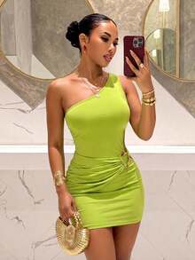 Slaydiva Women's Lime Green One-Shoulder Mini Dress,70's Party Disco Club Night,Metal Fastening Slit Waist Fitted Summer Dress,Y2K Girl Music Festival - Green - View 2
