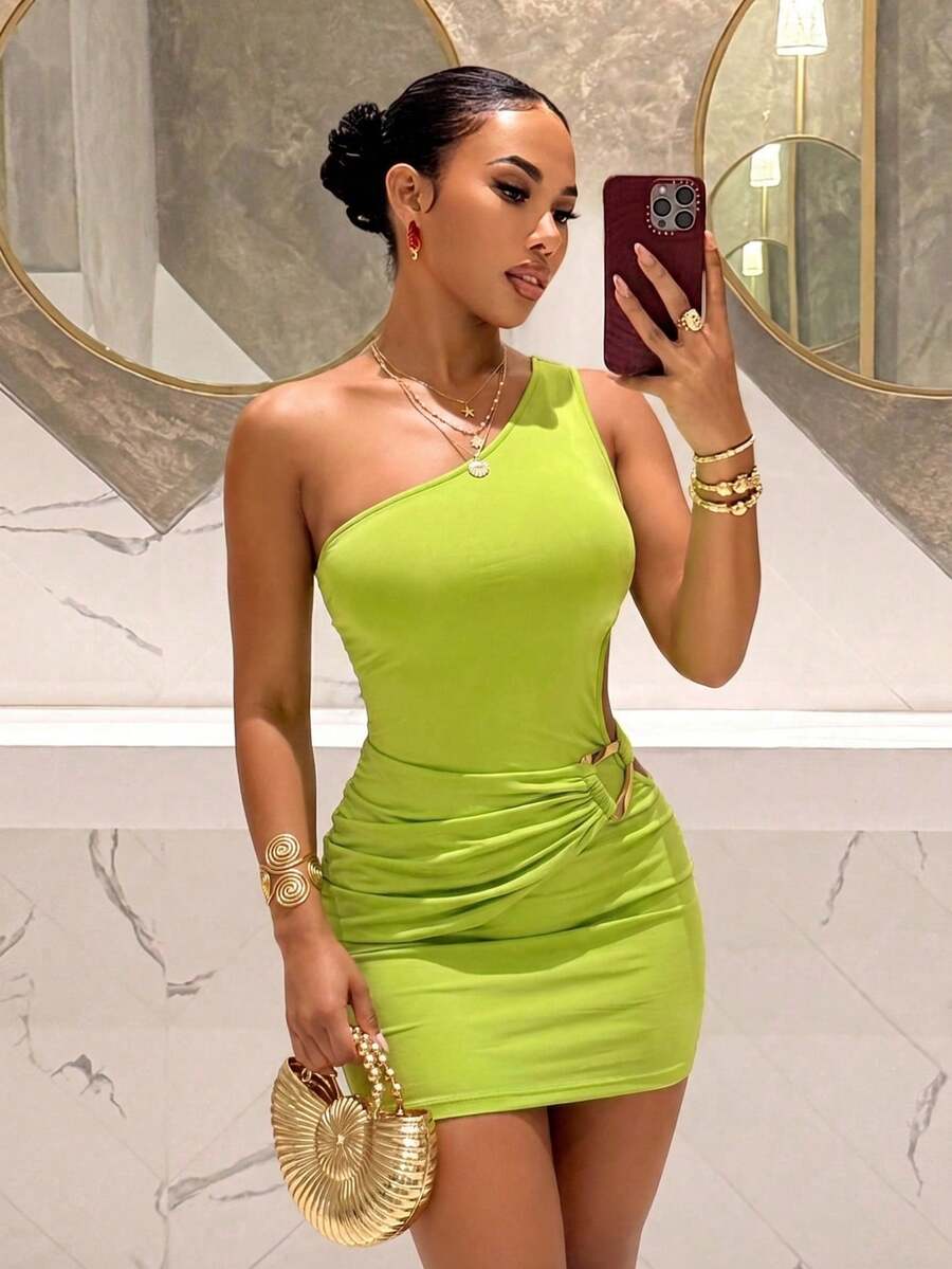 Slaydiva Women's Lime Green One-Shoulder Mini Dress,70's Party Disco Club Night,Metal Fastening Slit Waist Fitted Summer Dress,Y2K Girl Music Festival
