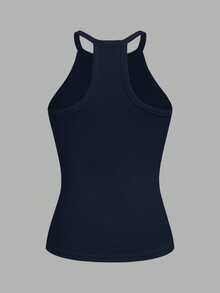 Slaydiva Women's Navy Blue Summer Chic Elegant Vacation Ribbed Crew Neck Racer Back Tank Top Solid Off-Shoulder Casual Basic Versatile Boho Night Out Everyday - Navy Blue - View 2