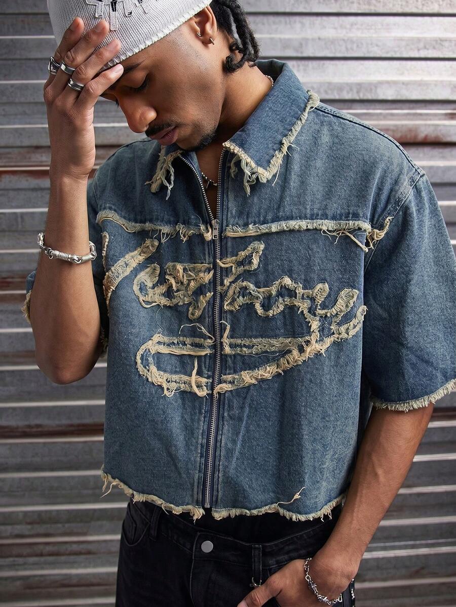 AXEPEAK Men's Blue Short Sleeve Shirt With Embroidered Patch, Loose Fit Short Jacket