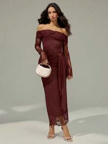 NOVVYNE Women's Burgundy Minimalist Casual Elegant Off Shoulder Long Dress, Everyday Wear Evening Winter - Redwood - View 7