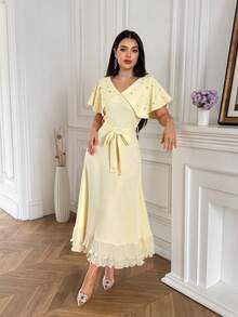 Modelyn Women's Elegant Sexy Party Golf Tea Party Crystal Embellished Mid-Length Dress Wedding Pastal Summer - Yellow - View 7