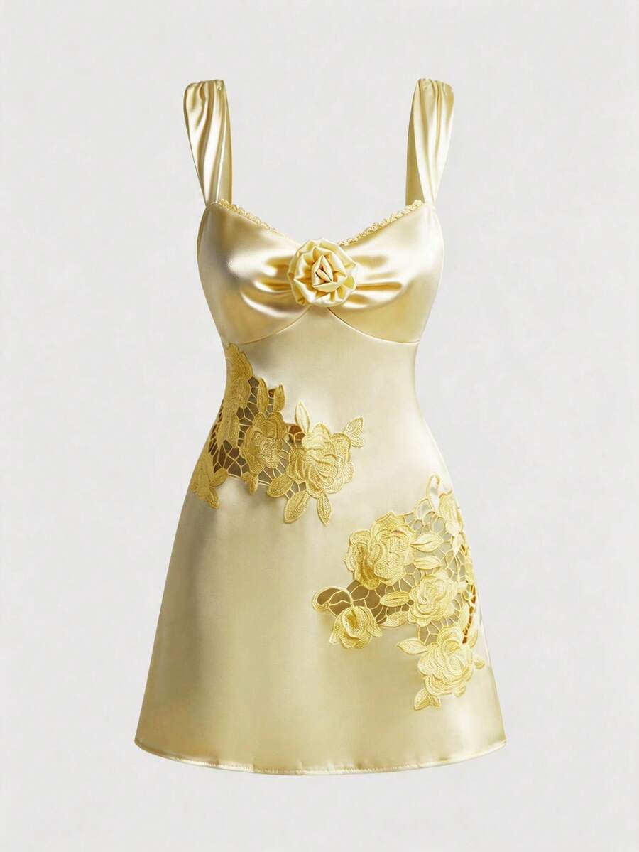 Sweetness Sweet Girl's Light Yellow Hollow Embroidered 3D Floral Decor Satin Mini Dress - Yellow - View 1