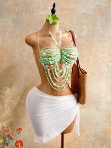 Mistrie Áo tank top hai dây mùa hè cho nữ, Áo tank top hai dây đính pha lê mùa hè cho nữ, Áo tank top đi nghỉ mát - màu xanh lá - Xem 5