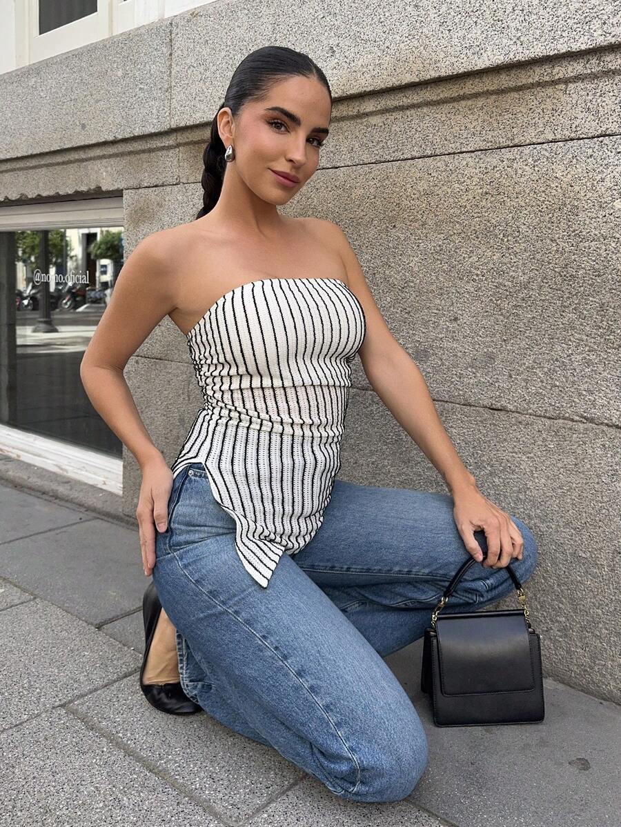 條紋印花分割褶邊無肩帶上衣 - 黑與白 - 查看 1