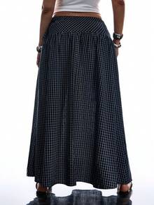 SHEIN EZwear 大码女式休闲简约风格藏蓝色格子侧系带半身裙 - 藏蓝色 - 查看 2