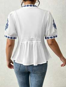EMERY ROSE Damen Retro Muster Kurzarm Hemd mit Stehkragen, Sommer - Weiss - Übersicht 2