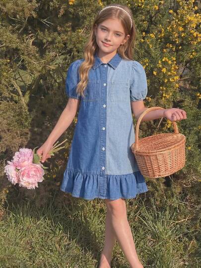 LMoss Kids Girls' Loose Fit Two-Tone Denim Bubble Sleeve Dress