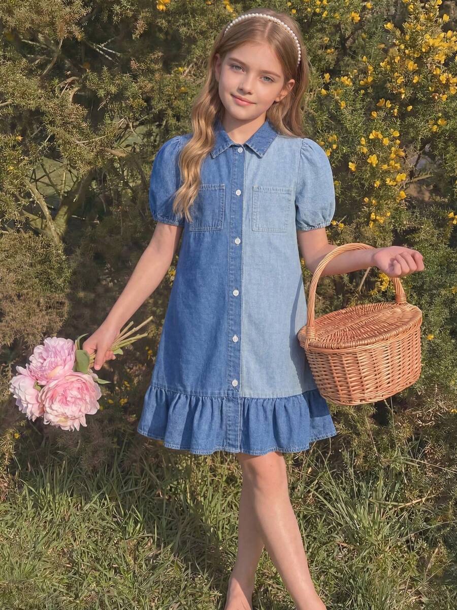 LMoss Kids 女童宽松双色牛仔泡泡袖连衣裙 - 彩色 - 查看 1