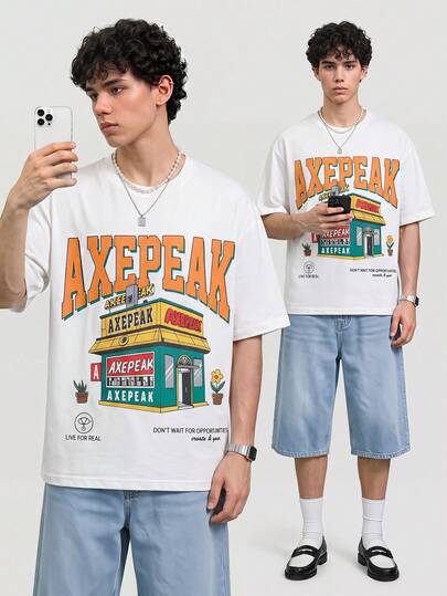 AXEPEAK 女款正面标语印花短袖T恤