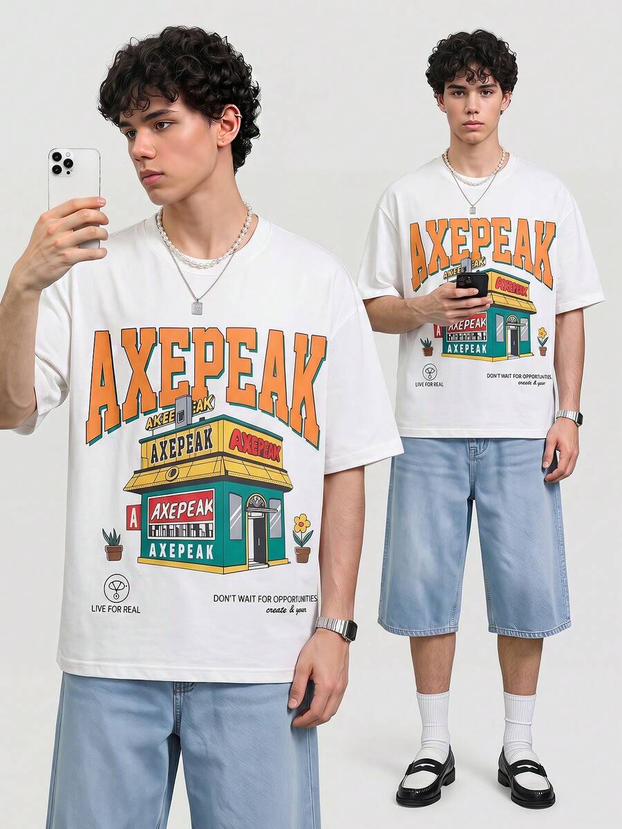 AXEPEAK 女款正面标语印花短袖T恤 - 白色 - 查看 1