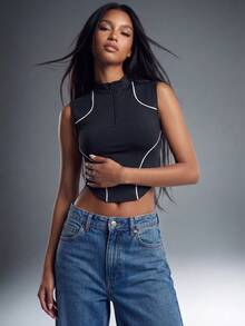 Normani Women's Black And White Summer Streetwear Workout Top,Contrast Zipper Racer Top,Y2k 90s Vintage Rave,Sports Yoga Top - Grey - View 3