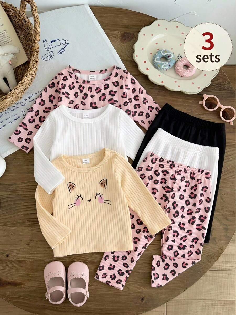 SHEIN Playful Pals 3件套可爱休闲时尚甜美豹纹猫脸图案罗纹针织柔软长袖圆领弹力腰带厚实轻薄上衣衬衫T恤裤子打底裤下装套装日常穿着休闲服派对礼物生日复活节春秋冬夏季 - 杏色 - 查看 1