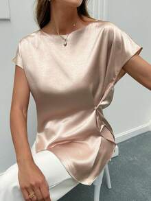 DAZY Women's Solid Color Asymmetric Hem Short Sleeve Elegant Sexy Formal Golf Summer Top Blouse Teachers' Day Pastal School Vacation - Pink - View 6