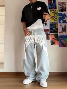 Manfinity Hypemode Pantalones deportivos de pierna ancha con estampado de espuma, estilo urbano para hombres - Gris - Ver 4