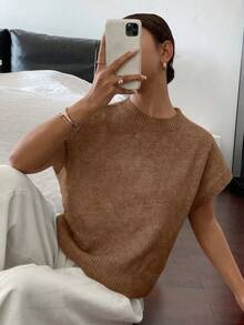 Siren Gaze Women's Casual Elegant Short Sleeve Knit Top, Suitable For Summer - Brown - View 3