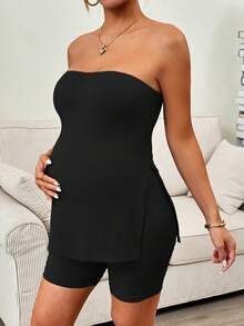 SHEIN Conjunto de 2 piezas de top tubo y shorts de unicolor minimalista para maternidad de verano - Negro - Ver 8