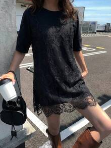 DAZY 女士蕾丝拼接无袖二合一短袖连衣裙 - 黑色 - 查看 3