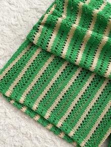 Costavie Nuevo conjunto de traje de baño de mujer de 3 piezas con estilo de rayas de punto texturizado de alta corte con lazos laterales, copa triangular y control de abdomen, con estampado - Verde - Ver 5