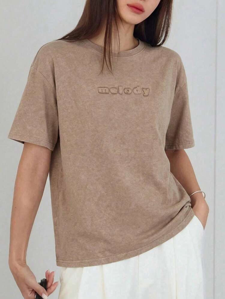 Women's Loose Tie-Dye Tie Dye Khaki Round Neck Letter Print T-Shirt, Spring & Summer