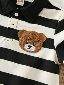 Cozy Pixies Bộ 2 món cho bé trai: Áo polo cổ bẻ tay ngắn và quần short đen kẻ sọc đen trắng, thêu hình gấu, thoải mái, giản dị, thời trang, phù hợp cho mùa xuân, hè, thu, đông, trong nhà, ngoài trời, hàng ngày, thể thao, tiệc tùng, chụp ảnh, lễ hội, thời trang đường phố, Giáng sinh, Năm mới. - Đen và trắng - Xem 4