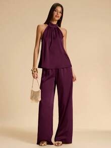 SHEIN BAE Áo hai mảnh màu kaki nhạt cổ yếm phối cùng quần palazzo satin, bộ đồ satin 2 mảnh thanh lịch cho mùa hè, trang phục đi chơi, trang phục dự đám cưới, phong cách nữ tính Pháp tinh tế, bộ đồ satin 2 mảnh, bộ đồ satin màu mơ thanh lịch, phong cách quý tộc cổ điển, bộ đồ 2 mảnh dự tiệc brunch - Màu Tím - Xem 3