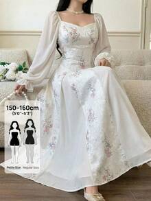 Modelyn Petite Women's Elegant Jacquard Patchwork Long Sleeve Dress,Petite Vacation White And Blue Floral Autumn - Multicolor - View 1