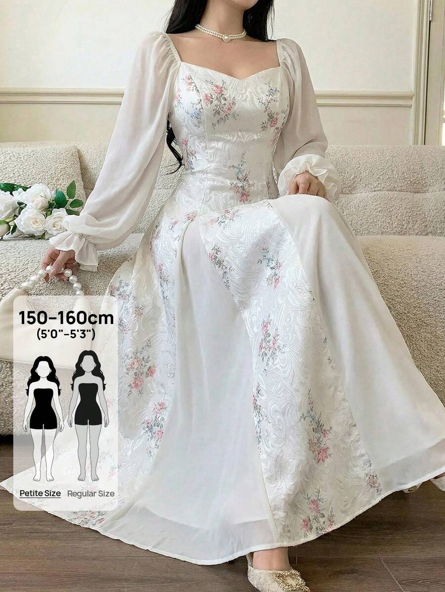 Modelyn Petite Women's Elegant Jacquard Patchwork Long Sleeve Dress,Petite Vacation White And Blue Floral Autumn - Multicolor - View 1