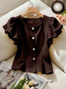 SHEIN Franclia Áo sơ mi nữ màu trơn tay bèo cổ tròn, màu vàng, kiểu dáng Pháp thời trang đa năng với cúc ngọc trai ngắn, áo mùa hè thanh lịch. - Cà phê nâu - Xem 5