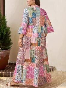 SHEIN LUNE 大码波西米亚风印花休闲四层娃娃衫长裙，适合仲夏日日常穿着、毕业典礼礼服、婚礼宾客礼服、女士度假装、女士沙滩装、节日吊带裙、生日礼服等。 - 彩色 - 查看 8