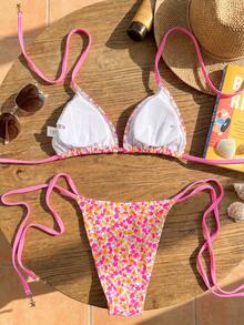 Swim Mod Bộ đồ đi biển 2 món dành cho nữ, thời trang dễ thương, gợi cảm, thích hợp cho kỳ nghỉ hè, bơi lội, tiệc tùng bên bờ biển, họa tiết hoa nhí ngẫu nhiên, áo crop top buộc dây sau lưng và quần bikini buộc dây bên hông, thích hợp cho mùa xuân/hè. - Nhiều màu - Xem 2