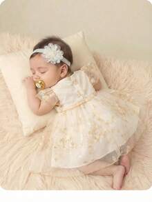 Newborn Baby Girl Elegant Cute White Mesh Embroidered Ruffle Hem Dress - Multicolor - View 1