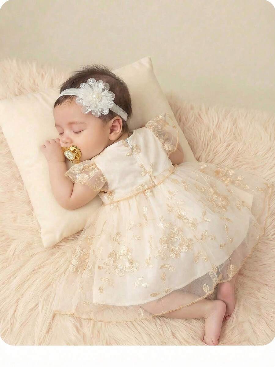 Newborn Baby Girl Elegant Cute White Mesh Embroidered Ruffle Hem Dress - Multicolor - View 1