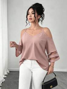 Elenzga 大码女式梭织常规春夏简约时尚通勤吊带露肩七分袖网纱拼接黑色衬衫 - 藕粉色 - 查看 4