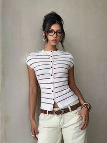 Aloruh Áo khoác cardigan mỏng nhẹ, thanh lịch, kiểu dáng thường ngày dành cho nữ, áo croptop kẻ sọc ôm sát gợi cảm, áo kiểu mùa hè thường ngày. - Hồng - Xem 4