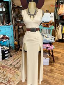 SuriyaCove Women's Fashionable Solid Color Deep V-Neck Sleeveless Long Dress - Apricot - View 3