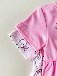 Playful Pals Baby GirlCute Duck & Chick Print Short Sleeve A-Line Dress 2-Piece Set, Suitable For Spring/Summer Outings, Photoshoots Or Daily Wear - Pink - View 7