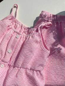 SHEIN Tween Girl Casual Sweet Vacation Ruffle Elastic Camisole Top Paired With Loose Wide Leg Pants 2 Pieces Set, Suitable For Spring/Summer, Daily, Holiday, Travel, Beach And Other Occasions - Pink - View 6