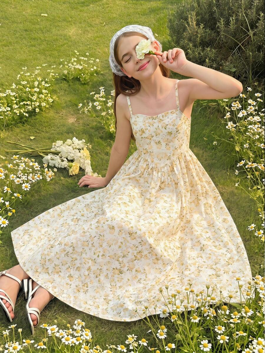 SHEIN 少女休闲优雅法式碎花吊带连衣裙,适合春季外出、日常穿着、下午茶、母女装、旅行装、波西米亚风连衣裙 - 黃色 - 查看 1