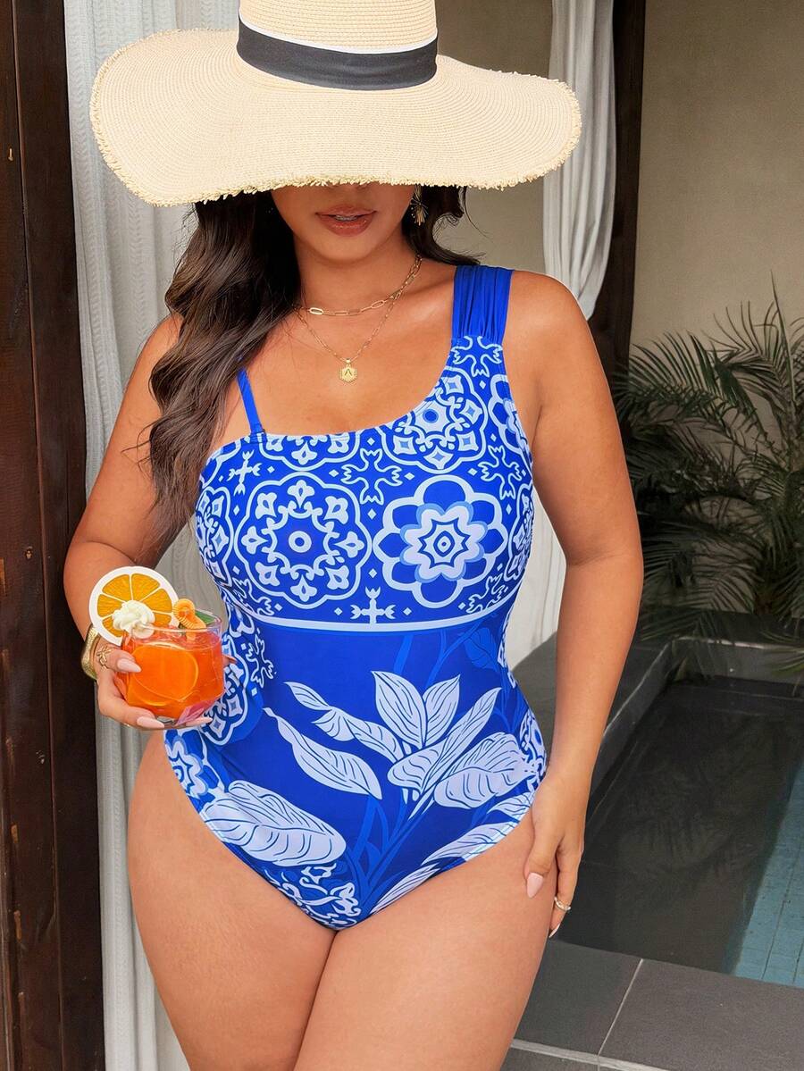 SHEIN Swim Chicsea Áo tắm liền thân cỡ lớn in họa tiết thời trang, kiểu dáng thường ngày, thích hợp cho kỳ nghỉ. - Màu xanh lam - Xem 1