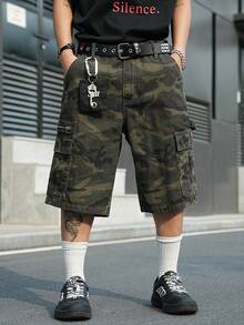 Manfinity EMRG 男士休闲街头风多口袋迷彩牛仔工装短裤 - 軍綠色 - 查看 3
