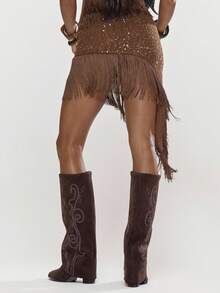MUSERA Textured Fringe Detail Asymmetric Sequin Skirt Only Summer Holiday Vacation Beach Ibiza Cute Festival Elegant Cherry Moon - Brown - View 4